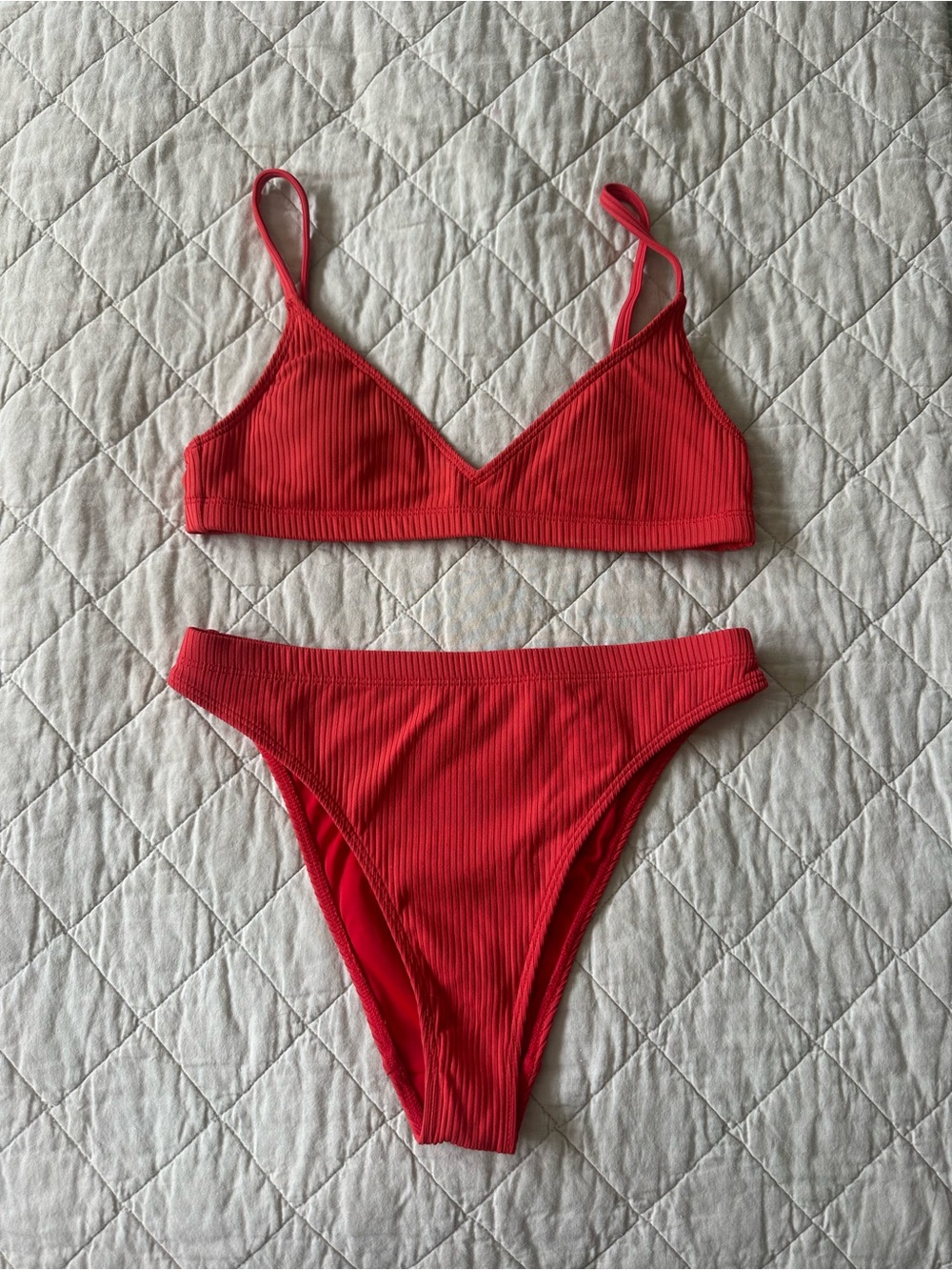 L.A. Hearts by PacSun Bright Red Ribbed Triangle Bikini Set
